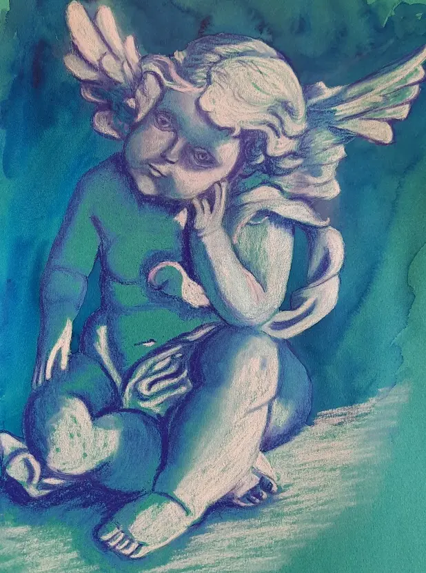 L'ange, méthode technique mixtes sur papier de couleur